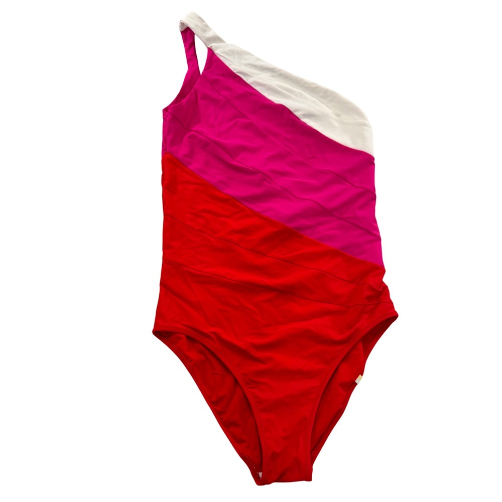 Summersalt Sidestroke One Shoulder Colorblock Swimsuit Red Pink White Sz 10LT
